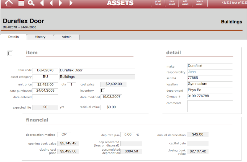 asset register detail screen